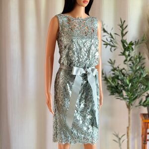 NWT‎ Tadashi Shoji Ice Green Sequin Lace Dress Cocktail Dress Ribbon Belt Size 6